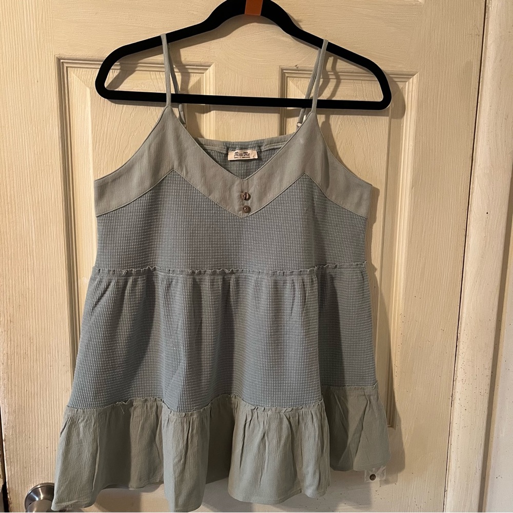 Miss Me Jeans Women’s S Blouse Tiered Ruffle Babydoll Cami Tank Top Sage Green.